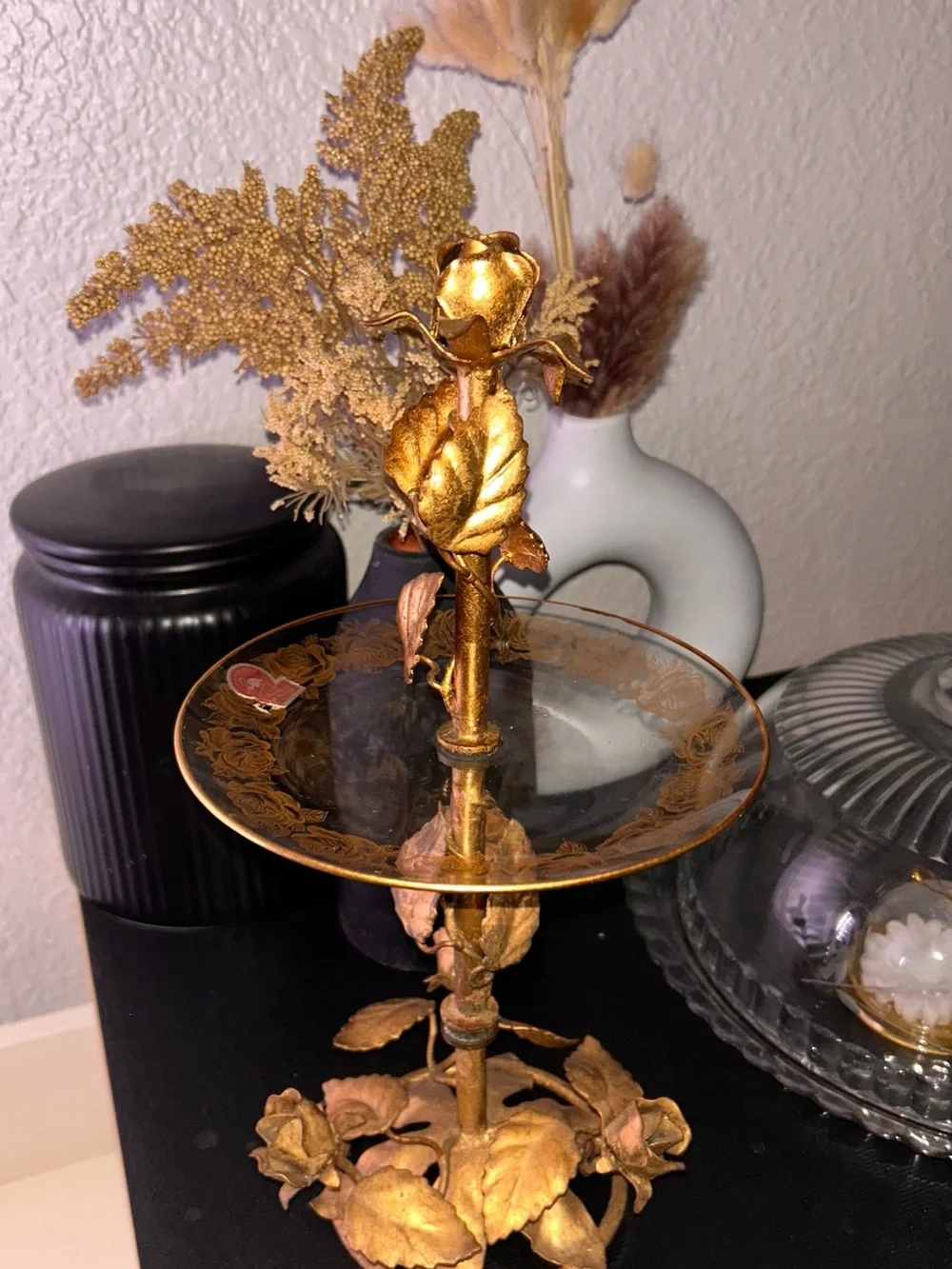 Vintage Italian Gold Guild Rose Pedestal Trinket Dish